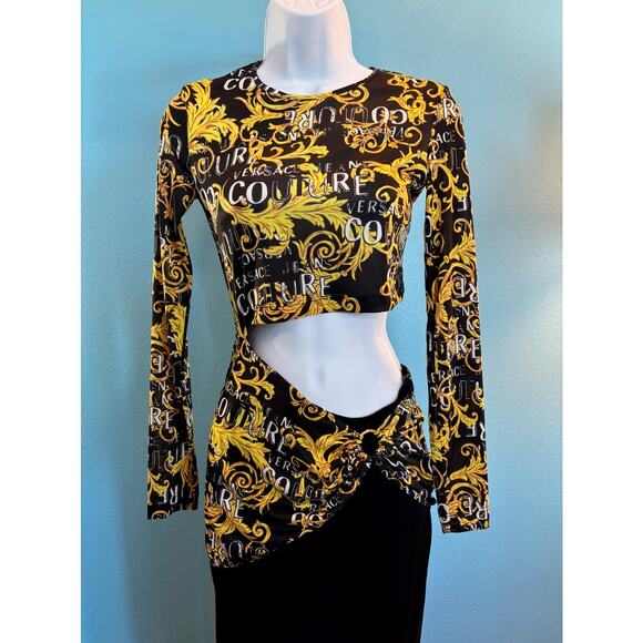NWT VERSACE Jeans Couture LOGO Midi Cocktail Club Dress 38 XS Baroque Cutout - Picture 2 of 10